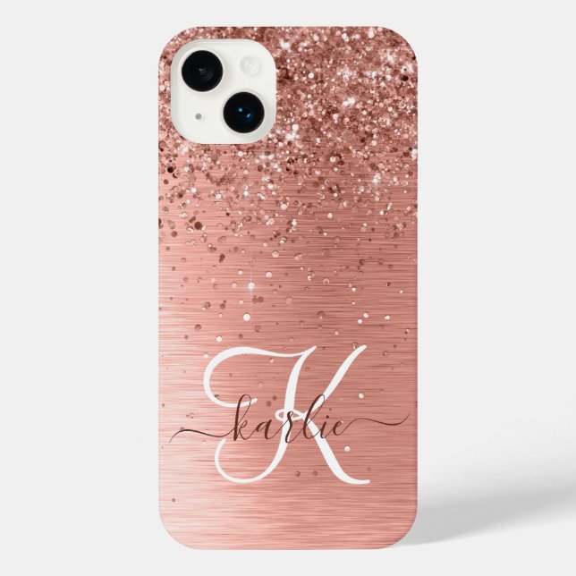 Rose Gold Brushed Metal Glitter Monogram Name iPhone Case (Back)