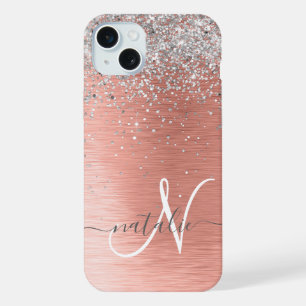  Rose Gold Brushed Metal Glitter Monogram Name iPhone 15 Plus Case