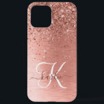 Rose Gold Brushed Metal Glitter Monogram Name iPhone 12 Pro Max Case<br><div class="desc">Easily personalize this trendy chic phone case design featuring pretty rose gold sparkling glitter on a rose gold brushed metallic background.</div>