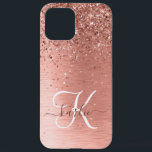 Rose Gold Brushed Metal Glitter Monogram Name iPhone 12 Pro Max Case<br><div class="desc">Easily personalize this trendy chic phone case design featuring pretty rose gold sparkling glitter on a rose gold brushed metallic background.</div>