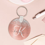 Rose Gold Brushed Metal Glitter Monogram Name Keychain<br><div class="desc">Easily personalize this trendy chic keychain design featuring pretty silver sparkling glitter on a rose gold brushed metallic background.</div>