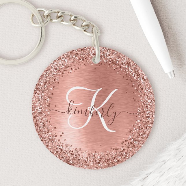 Rose Gold Brushed Metal Glitter Monogram Name Keychain (Creator Uploaded)