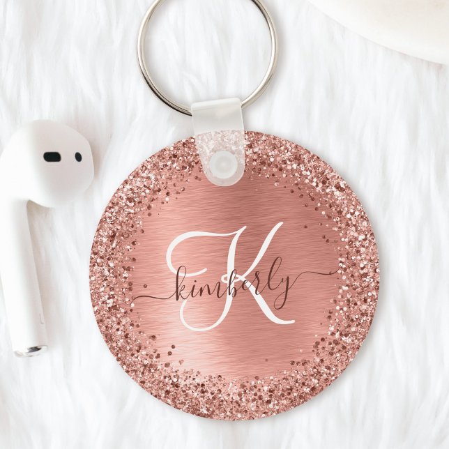Rose Gold Brushed Metal Glitter Monogram Name Keychain (This glam rose gold brushed metal glitter keychain is a stunning way to accessorize your keys)