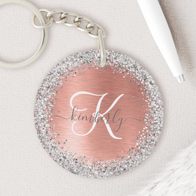 Rose Gold Brushed Metal Glitter Monogram Name Keychain (Sparkle and shine with this rose gold brushed metal glitter keychain. Add your name and monogram.)