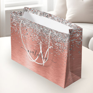 Rose Gold Brushed Metal Glitter Monogram Name Large Gift Bag