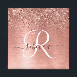 Rose Gold Brushed Metal Glitter Monogram Name Magnet<br><div class="desc">Easily personalize this trendy chic magnet design featuring pretty rose gold sparkling glitter on a rose gold brushed metallic background.</div>