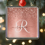 Rose Gold Brushed Metal Glitter Monogram Name Metal Ornament<br><div class="desc">Easily personalize this trendy chic metal ornament design featuring pretty rose gold sparkling glitter on a rose gold brushed metallic background.</div>