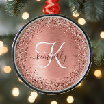 Rose Gold Brushed Metal Glitter Monogram Name Metal Ornament<br><div class="desc">Easily personalize this trendy chic ornament design featuring pretty rose gold sparkling glitter on a rose gold brushed metallic background.</div>
