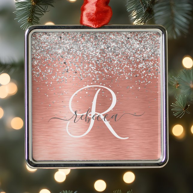 Rose Gold Brushed Metal Glitter Monogram Name Metal Ornament (Creator Uploaded)