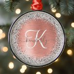 Rose Gold Brushed Metal Glitter Monogram Name Metal Ornament<br><div class="desc">Easily personalize this trendy chic Christmas holiday ornament design featuring pretty silver sparkling glitter on a rose gold brushed metallic background.</div>