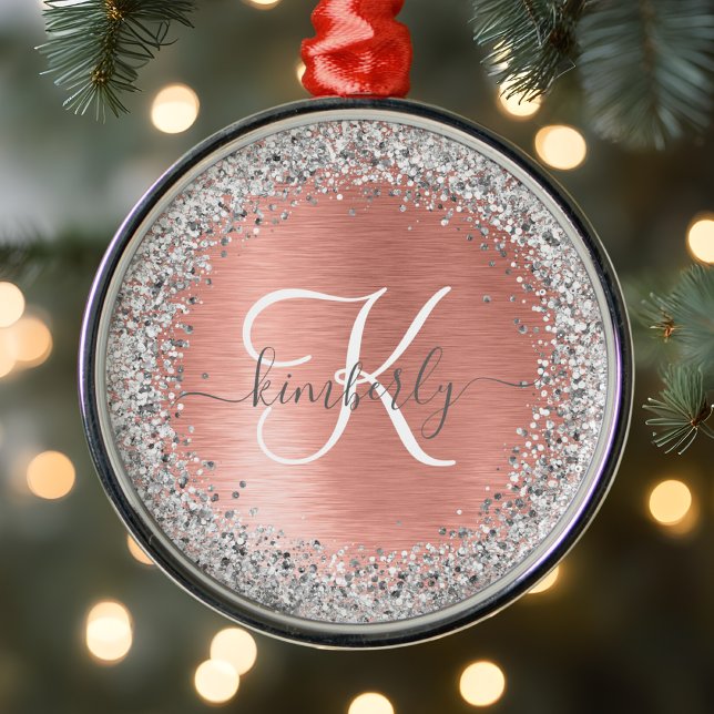 Rose Gold Brushed Metal Glitter Monogram Name Metal Ornament (Creator Uploaded)