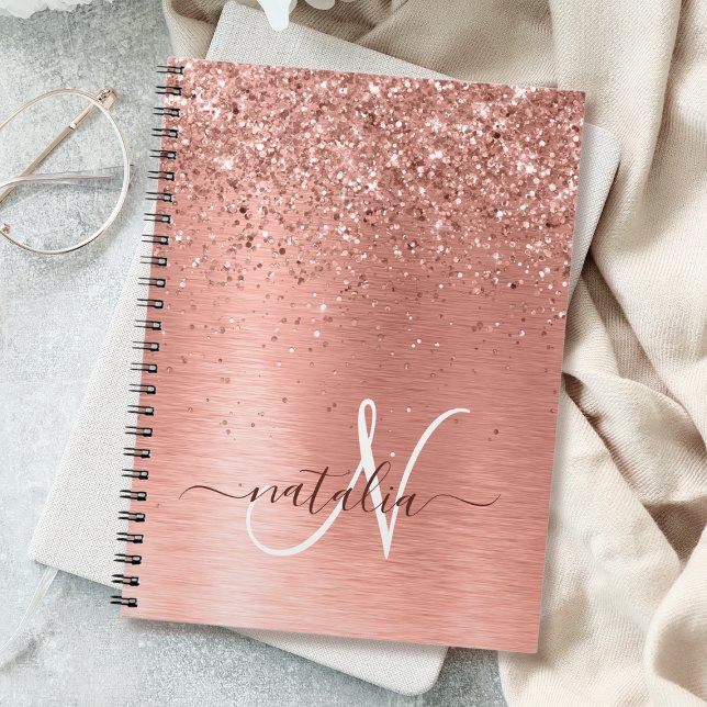 Rose Gold Brushed Metal Glitter Monogram Name Notebook (Creator Uploaded)