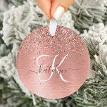 Rose Gold Brushed Metal Glitter Monogram Name Ornament<br><div class="desc">Easily personalize this trendy chic ornament design featuring pretty rose gold sparkling glitter on a rose gold brushed metallic background.</div>