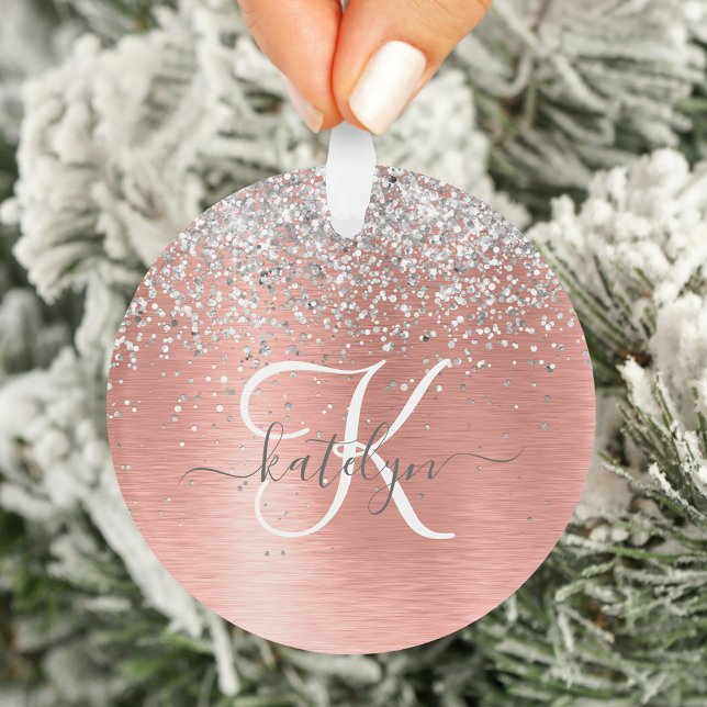 Rose Gold Brushed Metal Glitter Monogram Name Ornament (Creator Uploaded)
