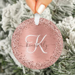 Rose Gold Brushed Metal Glitter Monogram Name Ornament<br><div class="desc">Easily personalize this trendy chic ornament design featuring pretty rose gold sparkling faux glitter on a rose gold brushed metallic background.</div>