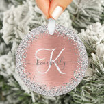 Rose Gold Brushed Metal Glitter Monogram Name Ornament<br><div class="desc">Easily personalize this trendy chic ornament design featuring pretty silver sparkling faux glitter on a rose gold brushed metallic background.</div>