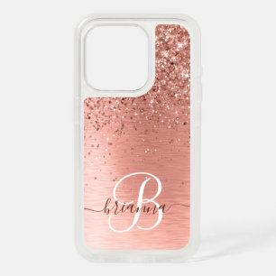 Rose Gold Brushed Metal Glitter Monogram Name iPhone 15 Pro Case