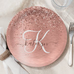 Rose Gold Brushed Metal Glitter Monogram Name Pape Paper Plate<br><div class="desc">Easily personalize this trendy chic paper plate design featuring pretty rose gold sparkling glitter on a rose gold brushed metallic background.</div>