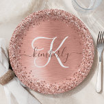 Rose Gold Brushed Metal Glitter Monogram Name Pape Paper Plate<br><div class="desc">Easily personalize this trendy chic paper plate design featuring pretty silver sparkling glitter on a rose gold brushed metallic background.</div>