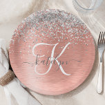 Rose Gold Brushed Metal Glitter Monogram Name Paper Plate<br><div class="desc">Easily personalize this trendy chic paper plate design featuring pretty silver sparkling glitter on a rose gold brushed metallic background.</div>