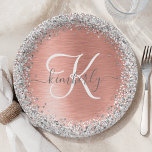 Rose Gold Brushed Metal Glitter Monogram Name Paper Plate<br><div class="desc">Easily personalize this trendy chic paper plate design featuring pretty silver sparkling glitter on a rose gold brushed metallic background.</div>