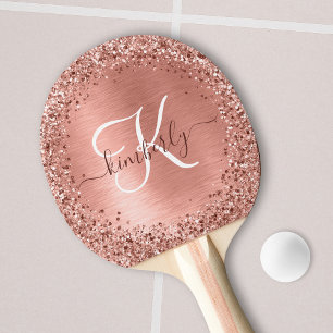 Rose Gold Brushed Metal Glitter Monogram Name Ping Pong Paddle