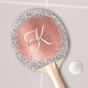Rose Gold Brushed Metal Glitter Monogram Name Ping Pong Paddle