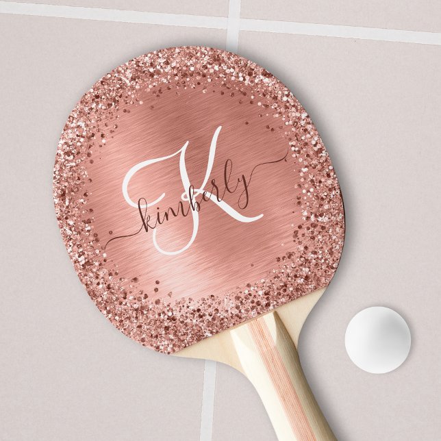 Rose Gold Brushed Metal Glitter Monogram Name Ping Pong Paddle (Creator Uploaded)