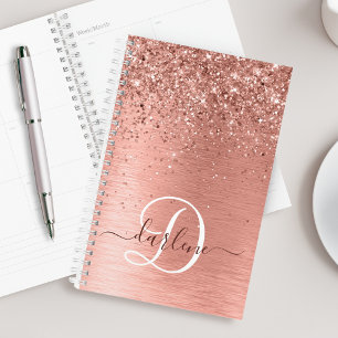 Rose Gold Brushed Metal Glitter Monogram Name  Planner