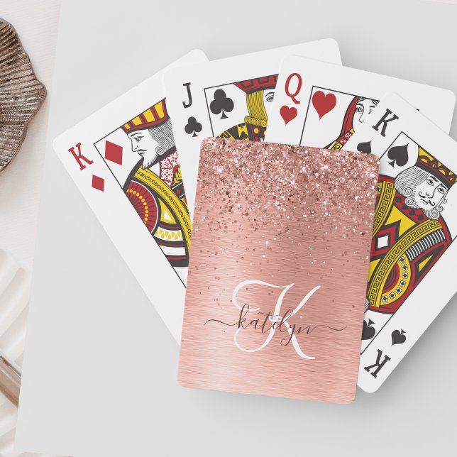 Rose Gold Brushed Metal Glitter Monogram Name Playing Cards (Creator Uploaded)