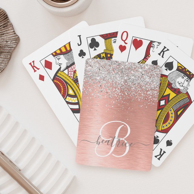 Rose Gold Brushed Metal Glitter Monogram Name Playing Cards (Creator Uploaded)