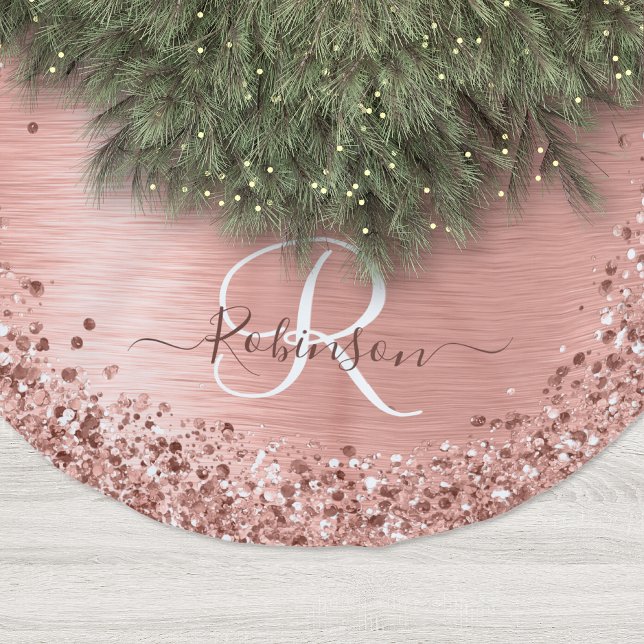 Rose Gold Brushed Metal Glitter Monogram Name Polyester Tree Skirt (Creator Uploaded)