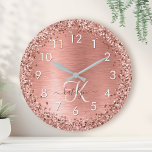 Rose Gold Brushed Metal Glitter Monogram Name Round Clock<br><div class="desc">Easily personalize this trendy chic large clock design featuring pretty rose gold sparkling faux glitter on a rose gold brushed metallic background.</div>