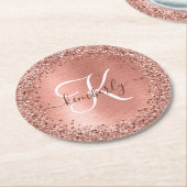 Rose Gold Brushed Metal Glitter Monogram Name Round Paper Coaster (Angled)