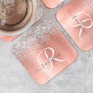 Rose Gold Brushed Metal Glitter Monogram Name Square Paper Coaster