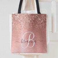 Rose Gold Brushed Metal Glitter Monogram Name Tote