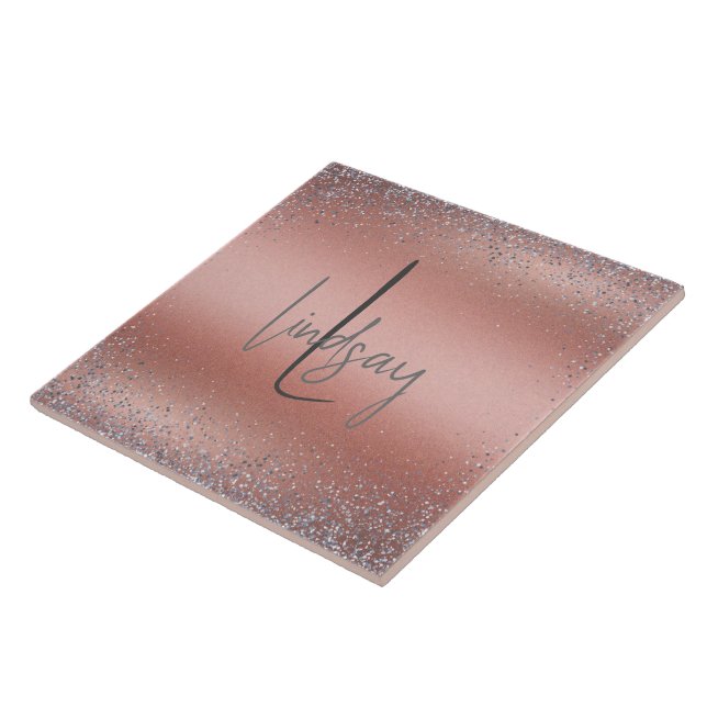 Rose Gold Brushed Metal Glitter Monogram | Tile (Side)