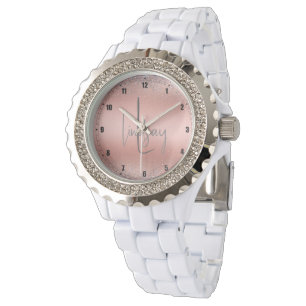Rose Gold Brushed Metal Glitter Monogram   Watch