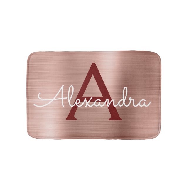 Rose Gold Brushed Metal Monogram Name and Initial Bath Mat (Front)