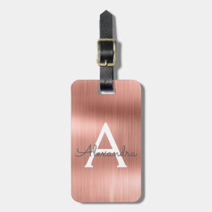 Rose Gold Brushed Metal Monogram Name and Initial Luggage Tag