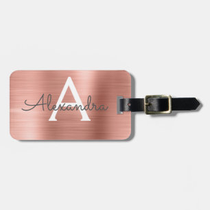Rose Gold Brushed Metal Monogram Name and Initial Luggage Tag