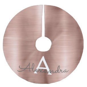 Rose Gold Brushed Metal Monogram Name and Initial Polyester Tree Skirt