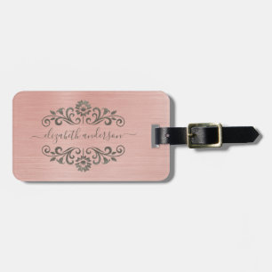 Rose Gold Brushed Metal Monogram Name Script Luggage Tag