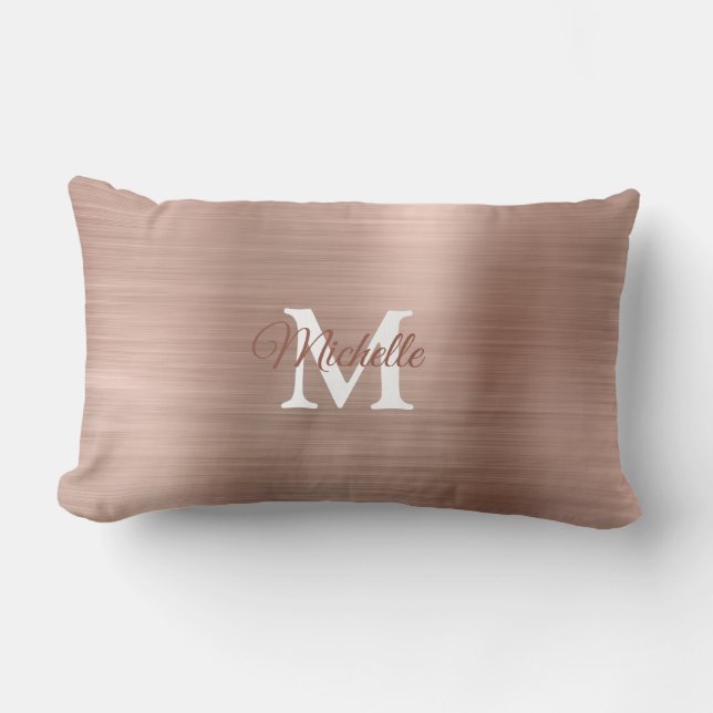 Rose Gold Brushed Metal Personalized Monogram Lumbar Pillow (Front)