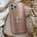 Rose Gold Brushed Metal Script Monogram  iPhone 15 Case<br><div class="desc">This elegant personalized phone case features a monogram and first name in modern black and white script on a trendy rose gold brushed metal background.</div>