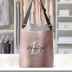 Rose Gold Brushed Metal Script Monogram  Crossbody Bag