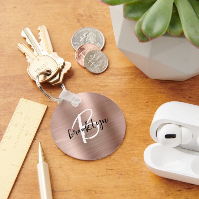 Rose Gold Brushed Metal Script Monogram  Keychain (Desk)