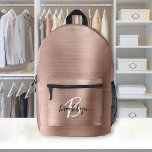 Rose Gold Brushed Metal Script Monogram  Printed Backpack<br><div class="desc">This personalized backpack features a monogram and first name in modern black and white script on an elegant rose gold faux brushed metal background.</div>