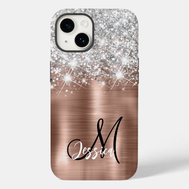 Rose Gold Brushed Metal Silver Glitter Monogram  Case-Mate iPhone Case (Back)