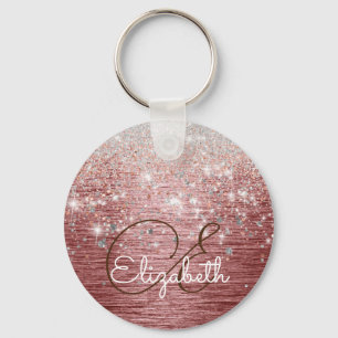 Rose Gold Brushed Metal Silver Glitter Monogram Keychain